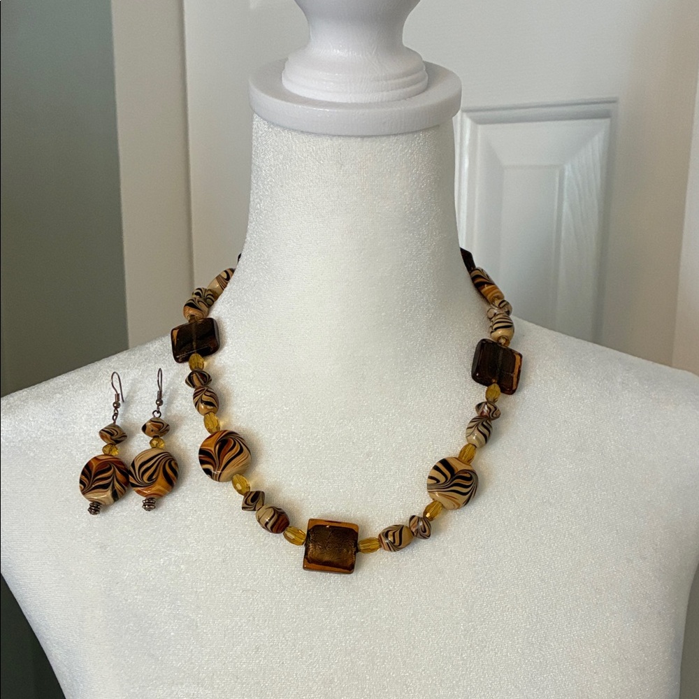 Elegant Brown Beaded Necklace and Earring Set